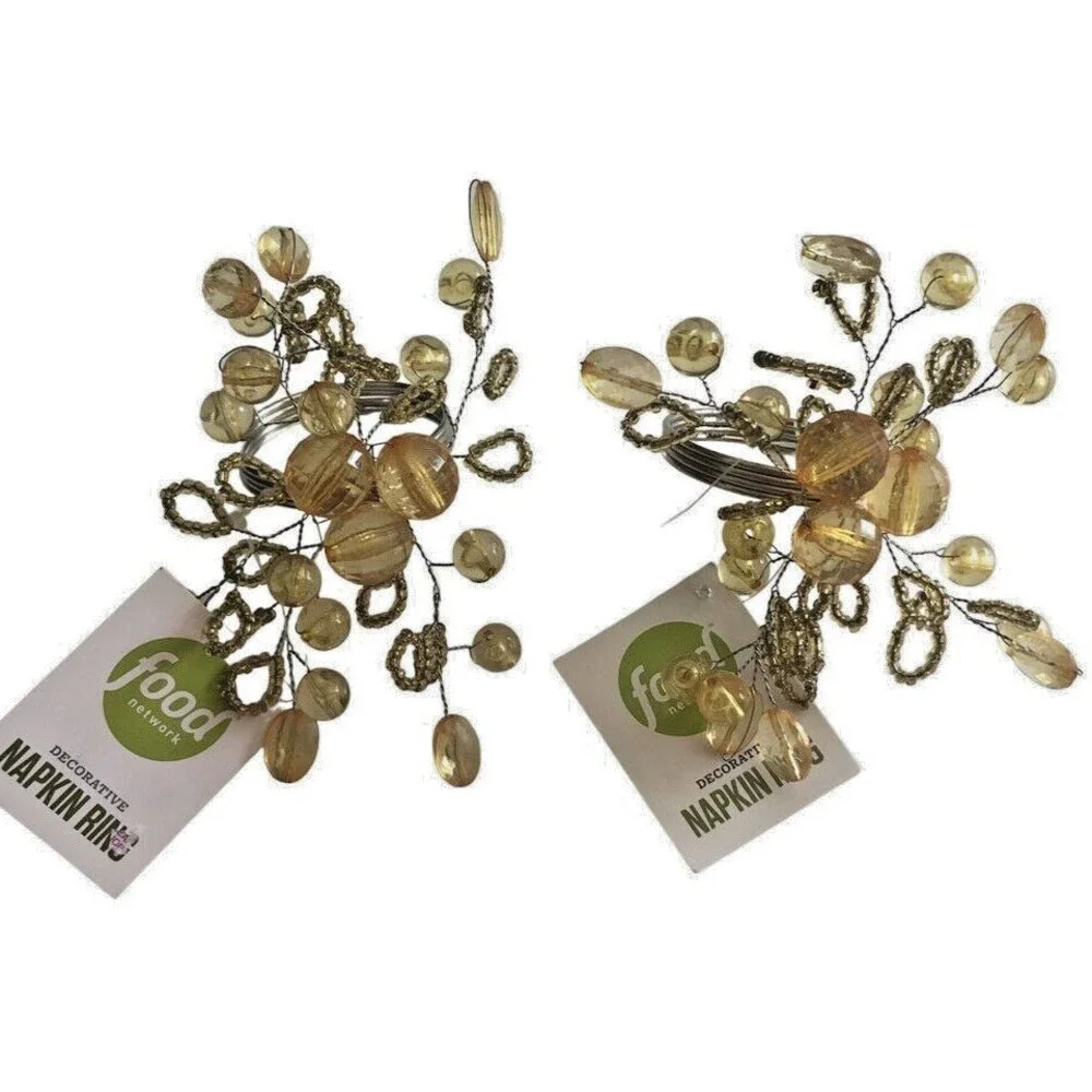 Food Network Napkin Rings Set Of 2 Thanksgiving Amber Gold Beaded Spray Silver